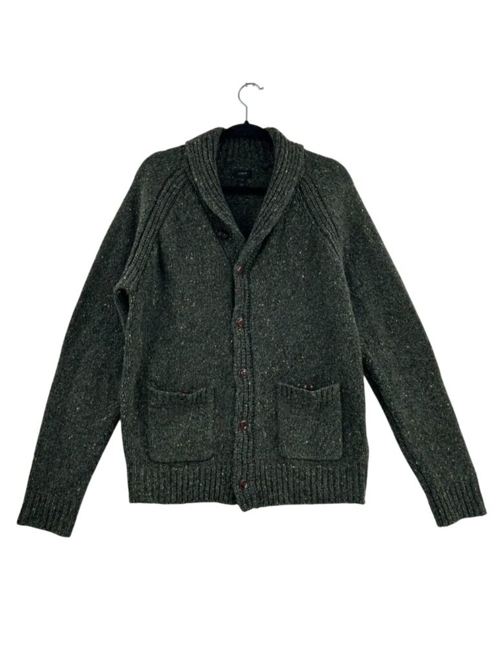 J. Crew Cardigan Sweater Men's Medium Green Speckled Wool Blend Shawl Collar